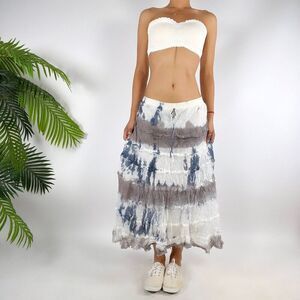 Vintage Y2K White Tie Dye Boho Fairycore Low Rise Beachy Hippie Midi Skirt / M